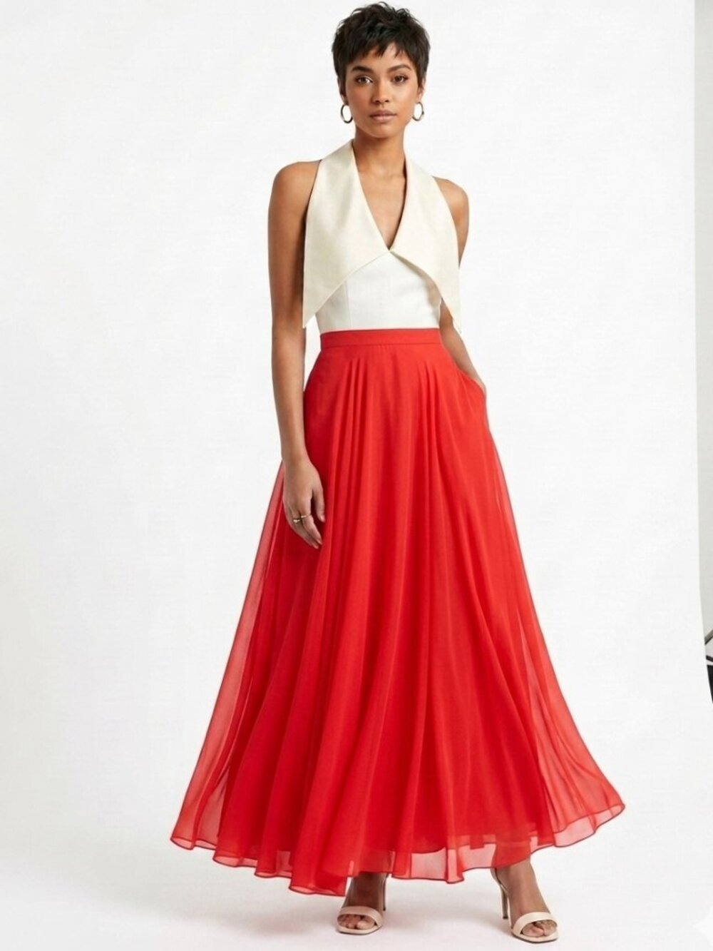 Vintage MCM 60s Ivory Satin Halter Red Chiffon Maxi Dress Small